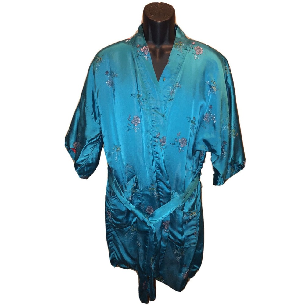 Vintage 1960's Solz Squirrel Floral Blue Rayon Smoking Jacket Robe w Belt Size M